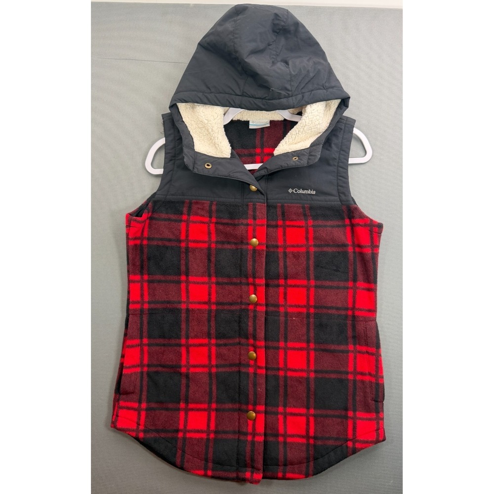 Columbia Sherpa Hooded Fleece Vest Red Black Plaid Snap Front AL1123 | Women's M